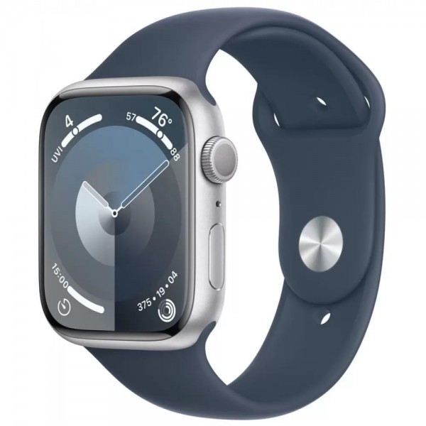 Apple Watch Series 9 GPS 45mm Silver Aluminum Case with Storm Blue Sport Band (MR9D3) S/M