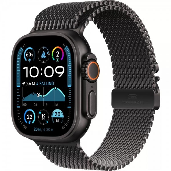 Apple Watch Ultra 2 GPS + Cellular 49mm Natural Titanium Case with Black Titanium Milanese Loop (MX5U3) Medium