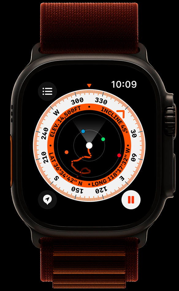 Компас в Apple Watch Ultra GPS + Cellular 49mm Titanium Case with Midnight Ocean Band (MQET3/MQFK3) | znayomi.com