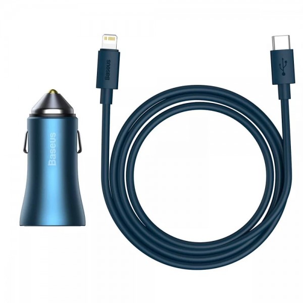 Автомобільний зарядний пристрій Baseus Golden Contactor Pro 40W USB + Type-C + Cable Type-C to Lightning 1m (Blue)