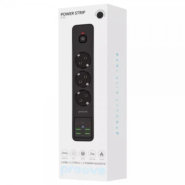 Мережевий фільтр Proove Power Strip P-03 (3 розетки + 4 USB + 2 Type-C) 2М (Чорний)